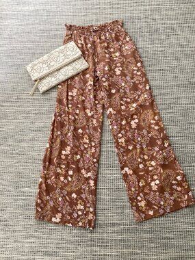 SO Paisley Brown Cream Floral High Rise Wide Leg Drawstring Pant X Small